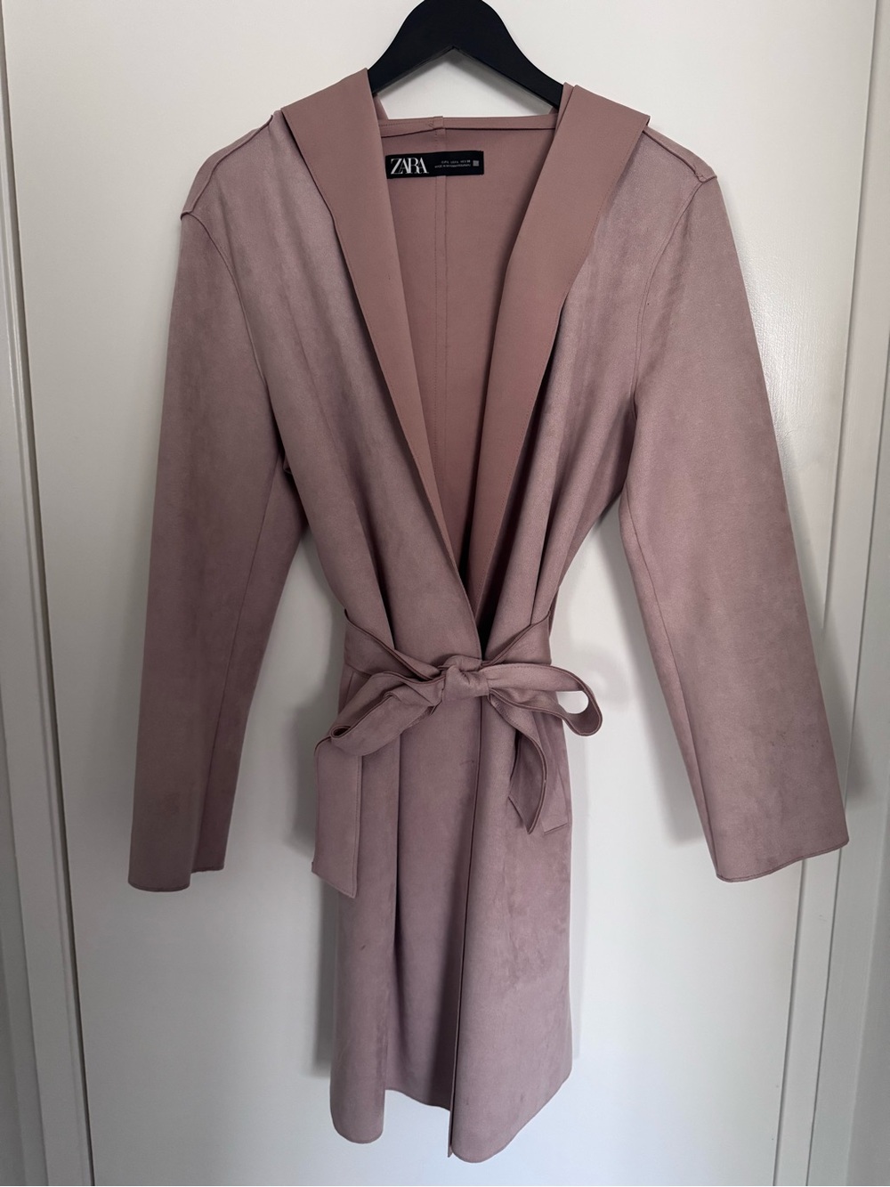 ZARA Dusty Rose Faux Suede Hooded Belted Trench Coat Size L